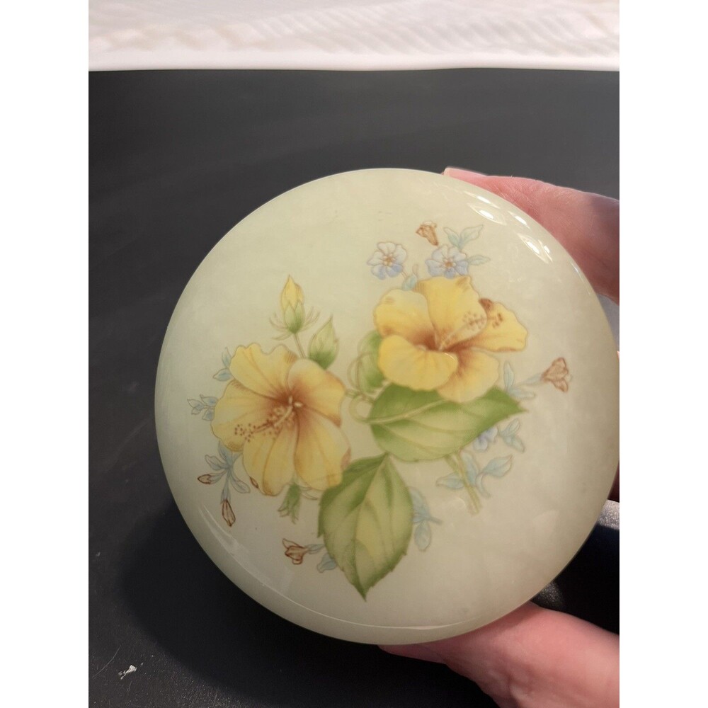 Genuine Alabaster Hand Carved Round Trinket Hinged Box Yellow Flowers - Italy